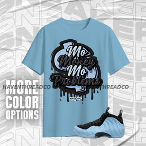 Air Foamposite Psychic Blue Mo Geldprobleme Blau Schwarze Farbe Shirt Match Sneaker, Bella Canvas Shirt