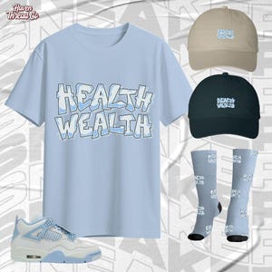 AJ 4 Forget Me Not Health Is Wealth blauw babyshirt, sokken, hoed matchsneaker, canvas Bella-shirt