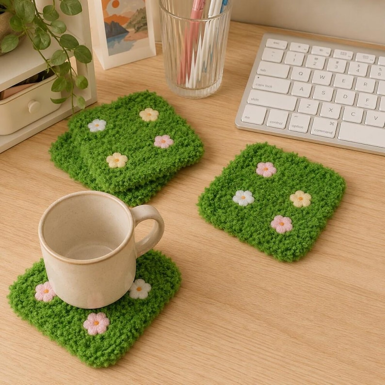 Sottobicchieri in erba ciuffata con fiori pastello - Simpatici sottobicchieri in erba soffice, perfetti per decorare la tavola, il bar, la cucina o come regalo per l'inaugurazione della casa. immagine 1