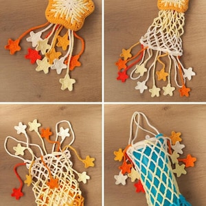 May include: Handmade crochet star ornaments in shades of yellow, orange, and white. Each star has dangling star accents in various colors. The ornaments are designed with a hanging loop.