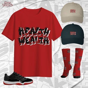 Camisa de lona roja AJ 11 Low Bred &quot;Salud es riqueza&quot;, calcetines, zapatillas deportivas a juego y camisa de lona Bella.