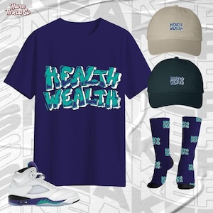 AJ 5 Grape Health Is Wealth Team Navy Color Shirt, Socks, Hat Match Sneaker, Bella Canvas Shirt