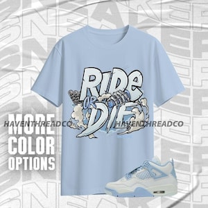 AJ 4 Forget Me Not Ride Or Die blauw-witte babyshirt match-sneaker, canvas Bella-shirt