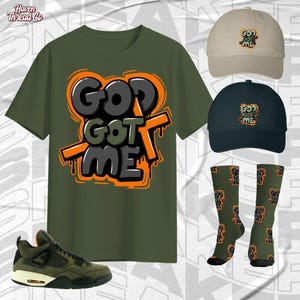 AJ 4 Undefeated God Got Me Military Green Color Shirt, Socks, Hat Match Sneaker, Bella Canvas Shirt