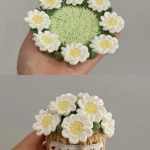 May include: Crocheted daisy coaster with white petals and yellow centers, surrounded by green leaves. A second image shows a crocheted flower pot filled with daisies, with a "handmade with" ribbon.
