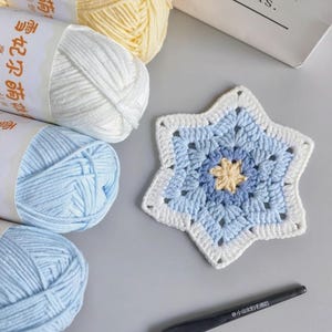May include: A star-shaped crochet coaster in shades of blue, white, and yellow sits next to several yarn skeins in matching colors. A crochet hook with text is also visible. The scene suggests a crafting project.