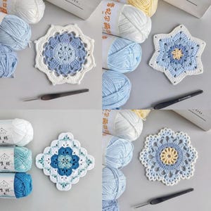 4-i-1 Virkat Underlägg Mönster Blomstjärna Snöflingemotiv PDF - Enkel DIY Mormors Kvadrat Ornament Coola Färgtoner