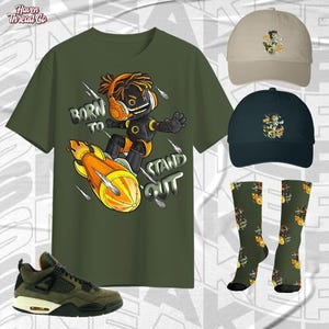 AJ 4 Undefeated Born To Stand Out Military Green Color Shirt, Socks, Hat Match Sneaker, Bella Canvas Shirt