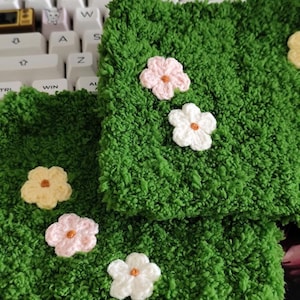 Tufted Grass Placemat with Pastel Flowers Green Moss Table Runner Aesthetic Meadow Dining Decor Mossy Lawn Rug Kitchen Housewarming Gift Ide