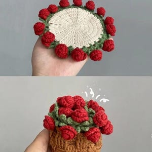 Crochet Rose Coaster Pattern PDF Floral Mandala No Sew Beginner Digital Download Rose Border Doily Instructions for Pink and Blue Home Decor