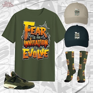 AJ 4 Undefeated Run Into Fear Military Green Color Shirt, Socks, Hat Match Sneaker, Bella Canvas Shirt