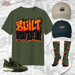 AJ 4 Undefeated Built Different Military Green Color Shirt, Socks, Hat Match Sneaker, Bella Canvas Shirt
