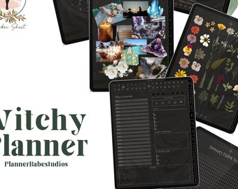 Witchy Digital Planner | 2025 & 2026 Yearly View| Daily Journal | Undated | Hyperlinked| Manifestation| 250+ Pre-cropped Stickers| Dark mode