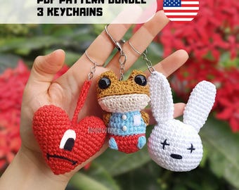 Amigurumi pattern bundle: Heart, Frog, Rabbit crochet keychains (English PDF) Amigurumi keychain patterns