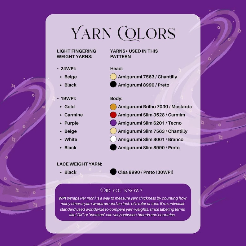 May include: A purple and white graphic with the text "Yarn Colors" and a list of yarn colors and types. The image includes a section explaining WPI (Wraps Per Inch) as a yarn measurement method.