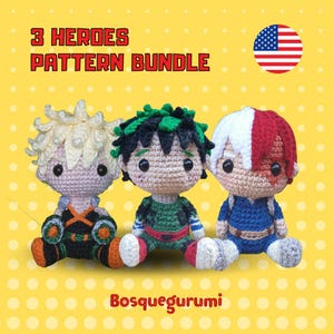 May include: A crochet pattern bundle featuring three anime characters: a blonde character with a yellow and orange costume, a green character with a green and black costume, and a red and white character with a blue and white costume. The pattern bundle is titled "3 Heroes Pattern Bundle".