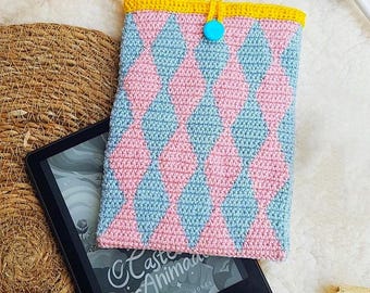 Blue and pink crochet Kindle cover pattern, Kindle sleeve, Kindle case, E-Reader Pouch | Crochet Graph [ENGLISH]