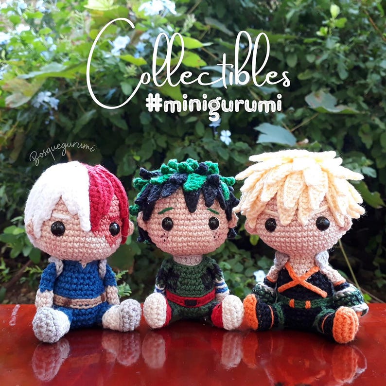 May include: Three crocheted anime characters, each with a different hairstyle and outfit. The characters are sitting on a wooden surface. The text "Collectibles #minigurumi" is visible above the characters.