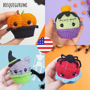 Halloween crochet patterns: Pupkim, Witch Cat, Frankenstein, Spider | Cupcake amigurumi patterns [PDF] English