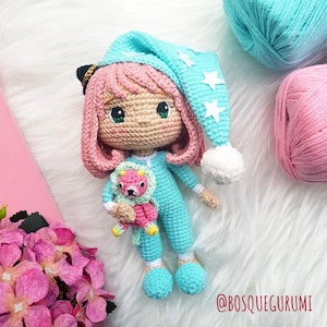 Amigurumi Muster: Nettes rosahaariges Telepathen Mädchen im Pyjama Häkelpuppe ENGLISCH