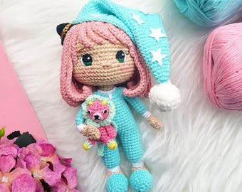 Amigurumi Pattern: Cute pink-haired telepath girl in pajamas crochet doll ENGLISH
