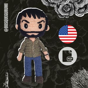 May include: Crochet amigurumi pattern for a character with a beard, wearing a green shirt and blue jeans. The pattern is available as a PDF download. The image also includes a US flag.