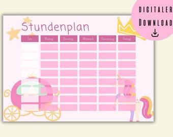 Stundenplan Prinzessin l Grundschule l Oberschule l Gymnasium l Geschenk Einschulung l  digitaler Download