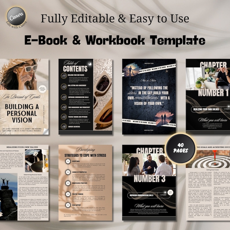 Puede incluir: Una plantilla de libro electr&oacute;nico y cuaderno de trabajo en blanco y negro con el t&iacute;tulo "In Pursuit of Goals: Building a Personal Vision". La plantilla incluye una tabla de contenido, cap&iacute;tulos y una secci&oacute;n sobre el desarrollo de estrategias para afrontar el estr&eacute;s. La plantilla es totalmente editable y f&aacute;cil de usar.