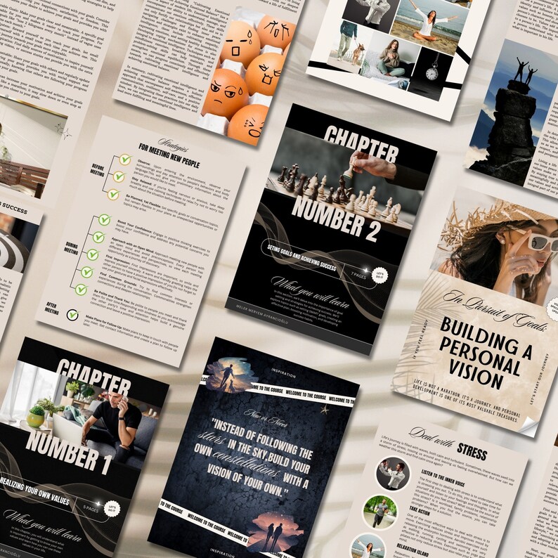 Puede incluir: Un conjunto de seis cap&iacute;tulos imprimibles en blanco y negro para un cuaderno de trabajo de autoayuda o desarrollo personal. Los cap&iacute;tulos se titulan "Darse cuenta de sus propios valores", "Establecer metas y lograr el &eacute;xito", "Construir una visi&oacute;n personal", "Lidiar con el estr&eacute;s", "Dominar el arte de la comunicaci&oacute;n" y "Vivir una vida con prop&oacute;sito".