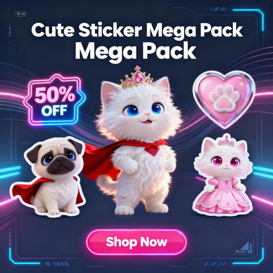Kawaii Pug and Kitten Stickers, Cartoon Pet Clipart (30 PNG Digital ...
