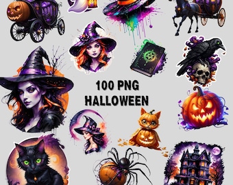 Halloween Clipart Set: 100 Witch, Ghost, Pumpkin PNG Stickers (Commercial Use)