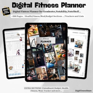 May include: Digital fitness planner for Goodnotes, Notability, and NoteShelf. The planner includes over 500 pages with sections for health, fitness, meals, and budgets. It also includes trackers and lists. The cover image features a collage of photos related to fitness, including people exercising, healthy food, and workout equipment.