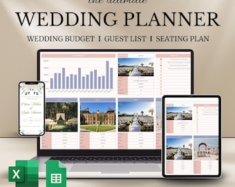 May include: A laptop computer displaying a wedding planner spreadsheet with 10 tabs. The spreadsheet includes a wedding budget, guest list, and seating plan. The laptop is on a white surface with a smartphone and tablet displaying similar content. The text on the laptop reads "EXCEL & GOOGLE SHEETS the ultimate WEDDING PLANNER WEDDING BUDGET I GUEST LIST I SEATING PLAN 10 TABS I INSTANT DOWNLOAD I EASY TO USE".