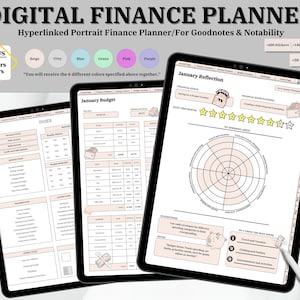 Puede incluir: Planificador financiero digital para Goodnotes y Notability. Se muestran dos pantallas de iPad, una con un rastreador de presupuesto de enero y la otra con una página de reflexión de enero. La página de reflexión incluye una sección de expectativas financieras, una sección de calificación de este mes, una sección de mis áreas de gasto y una sección de mis 3 principales cosas en las que gasté más.