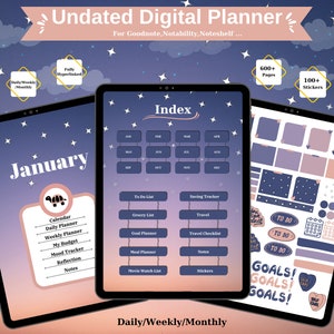 Może przedstawiać: Cyfrowy planer kompatybilny z aplikacjami Goodnote, Notability i Noteshelf. Planer zawiera tło nocnego, gwieździstego nieba z gradientem różowo-niebieskim. Planer zawiera kalendarz, planer dzienny, planer tygodniowy, śledzenie budżetu, śledzenie nastroju, strony do refleksji i notatki. Planer zawiera również listę rzeczy do zrobienia, listę zakupów, planer celów, planer posiłków, listę filmów do obejrzenia, śledzenie oszczędności, planer podróży, listę kontrolną podróży, notatki i naklejki. Planer zawiera ponad 600 stron, 100 naklejek i 10 szablonów.