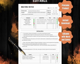 Plantilla de notas de reunión: Registro de proyecto empresarial editable (PDF)