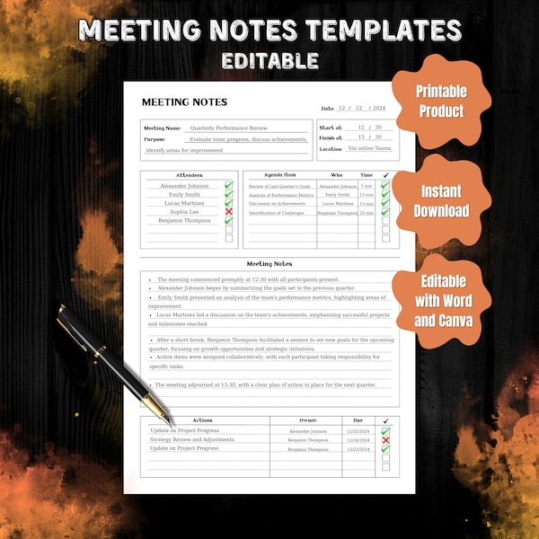 Meeting Notes Template, Editable Meeting Minutes, Printable Business Project Record, Agenda, Note Taking,Remarkable 2, Word, Google Docs PDF