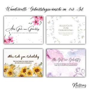 Geburtstagskarten 4er Set mit Glückwunschtext in vier verschiedenen Blumendesigns. Alles gute zum Geburtstag für Familie und Freunde.