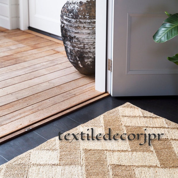 natural floor coverings jute rug, living room decor jute runner, modern herringbone design braided rug, hand stitching rows plaited jute