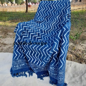 African Mud Cloth Hand Block Printed Blue Indigo 100% Cotton Throw Blanket Hand Woven Sofa Couch Wrap Travel Beach Outdoor Soft Cozy Blanket image 6