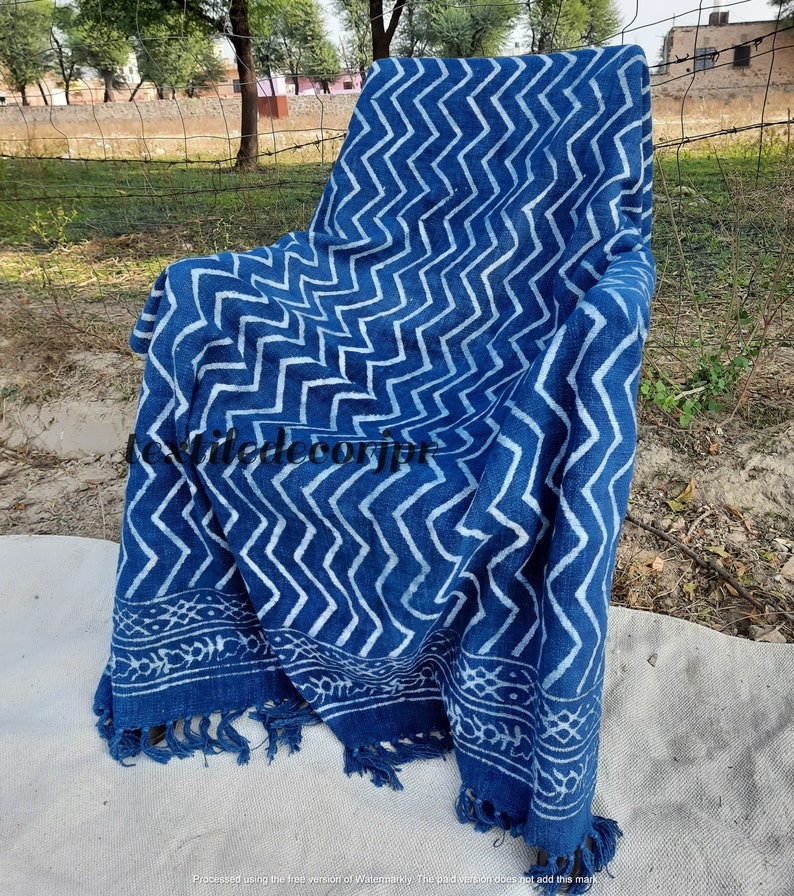 African Mud Cloth Hand Block Printed Blue Indigo 100% Cotton Throw Blanket Hand Woven Sofa Couch Wrap Travel Beach Outdoor Soft Cozy Blanket image 6