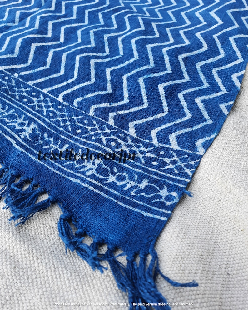 African Mud Cloth Hand Block Printed Blue Indigo 100% Cotton Throw Blanket Hand Woven Sofa Couch Wrap Travel Beach Outdoor Soft Cozy Blanket image 1