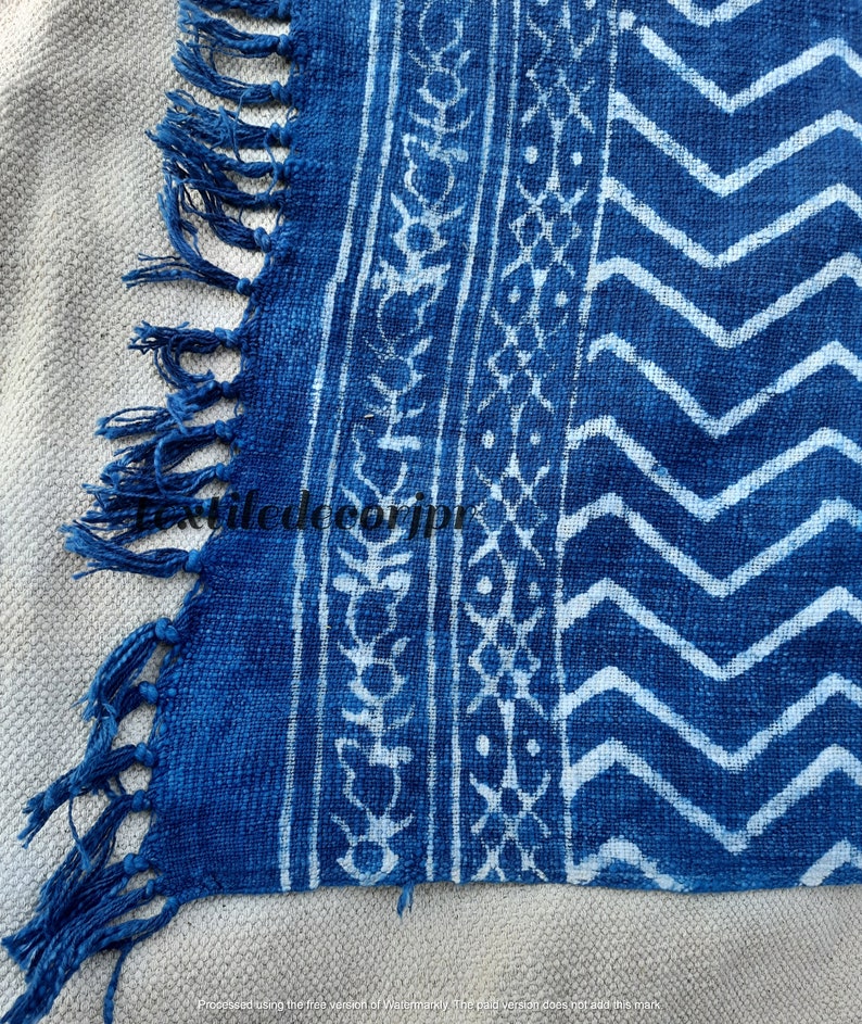 African Mud Cloth Hand Block Printed Blue Indigo 100% Cotton Throw Blanket Hand Woven Sofa Couch Wrap Travel Beach Outdoor Soft Cozy Blanket image 4
