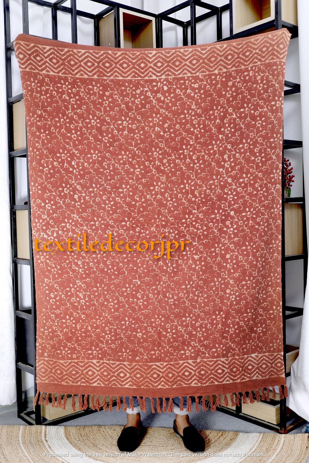 Handloom Sofa Couch Throw, Rust Throw Tassels Blanket, 100 Natural