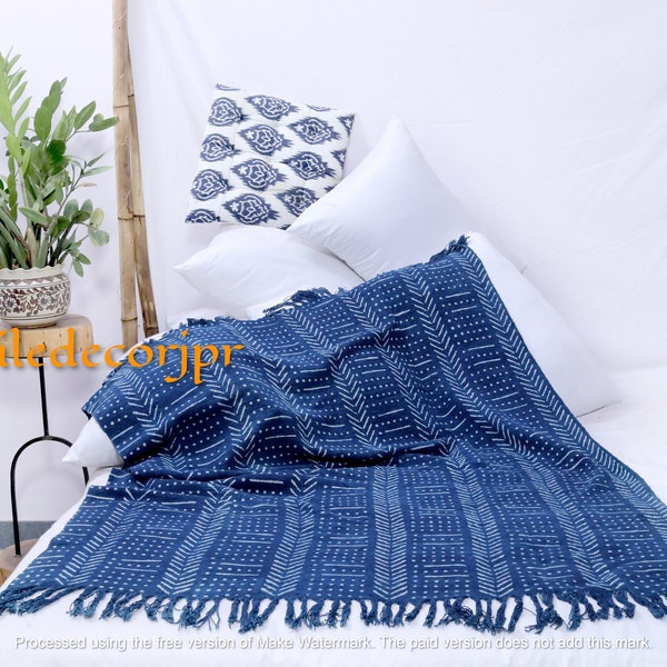 blue indigo hand block printed 100% cotton throw, african mudcloth bedding, light weight woven throw textile, living room home decor blanket