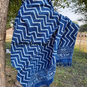 African Mud Cloth Hand Block Printed Blue Indigo 100% Cotton Throw Blanket Hand Woven Sofa Couch Wrap Travel Beach Outdoor Soft Cozy Blanket image 2