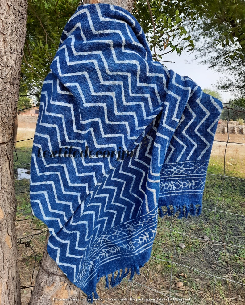 African Mud Cloth Hand Block Printed Blue Indigo 100% Cotton Throw Blanket Hand Woven Sofa Couch Wrap Travel Beach Outdoor Soft Cozy Blanket image 2