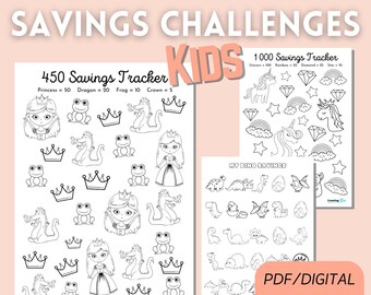 Kids Savings Challenges / Princess savings tracker / Dinosaur savings printable / Unicorns and rainbows savings challenge