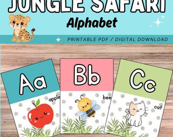 Dschungel Safari Alphabet Poster | Druckbare Alphabet-Anzeige für das Klassenzimmer | Niedliche Tier ABC Karten | Lehrer Printables | Sofort PDF Download
