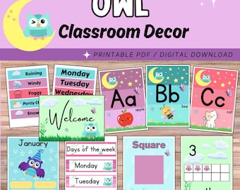 Eule Klassenzimmer Dekor Bundle | Alphabet, Zahlen, Formen, Wetter (Digitaler Download)
